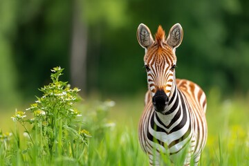 Fototapeta premium Happy Zebra in Lush Grassland Captured in Front-Facing Self-Portrait Shot