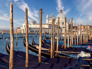 A picturesque view of the iconic Santa Maria della Salute church and Punta della Dogana across the water, framed by a rustic wooden gondola pier in the foreground. © jmag.foto