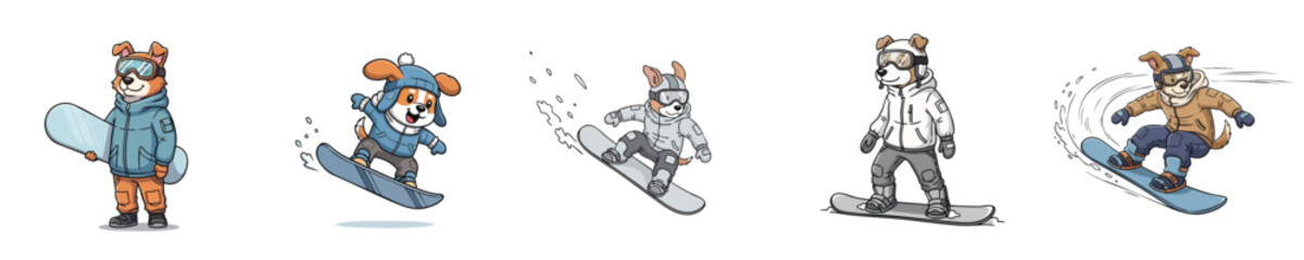 Snowboard cartoon dog characters riding powder performing winter sport tricks vector set