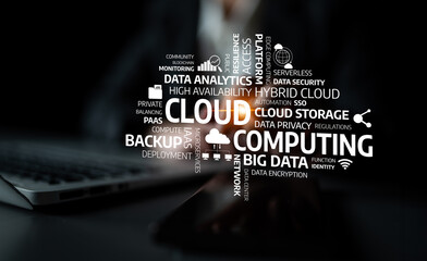 Conceptual representation of cloud computing terminology with keywords and concepts related to data...