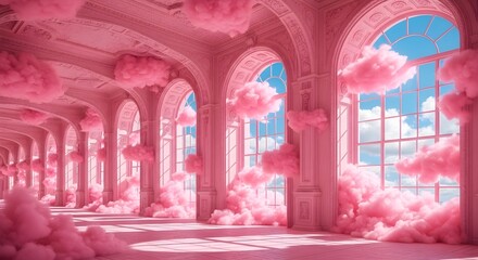 Naklejka premium Pink cloudy interior background with arches and windows