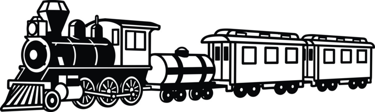 Vintage steam train vector side view locomotive pulling tanker and two passenger cars retro line art close up profile detailed