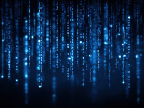 binary code rain glow isolated on a blue background