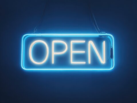 open sign neon style isolated on a blue background