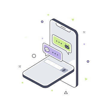 Modern isometric illustration of a smartphone with a chatbot conversation interface displayed