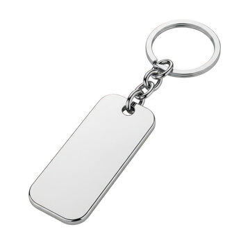 A sleek and shiny silver keychain with a rectangular pendant isolated on transparent background
