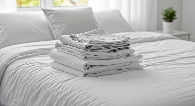 Clean white bed with stack of fresh laundry folded neatly on duvet. Soft bed linen and blankets contribute to cozy bedroom atmosphere, highlighting freshly washed fabric.