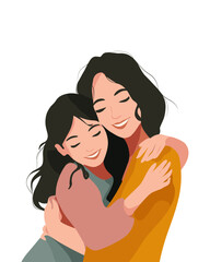 Obraz premium Happy Mother and Daughter Hugging Each Other in a Tender Embrace Isolated on White Background