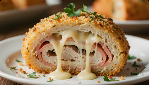 Close-up of a sliced chicken cordon bleu revealing melted running cheese and ham filling. Crispy golden breading and juicy interior highlighted in a detailed food photography style, perfect, roll, ad