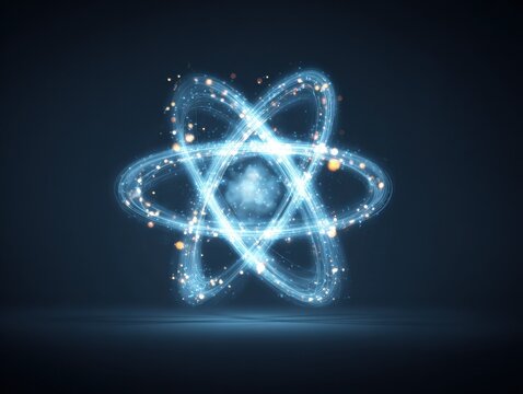 glowing atom symbol isolated on a blue background