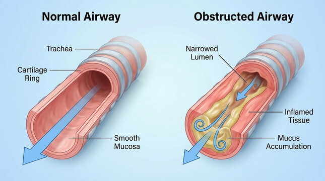 Normal and Obstructed Airway Trachea Anatomy with Mucus