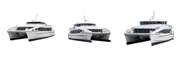 Modern catamaran ferry isolated on white background, dual-hull passenger vessel, high-speed ferry boat, contemporary marine transport ship, ocean and river commuter ferry, modern catamaran fleet