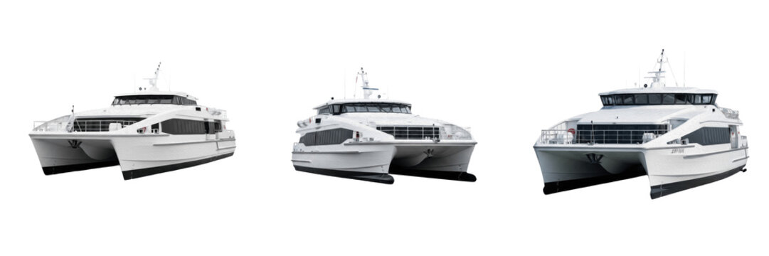 Modern catamaran ferry isolated on white background, dual-hull passenger vessel, high-speed ferry boat, contemporary marine transport ship, ocean and river commuter ferry, modern catamaran fleet