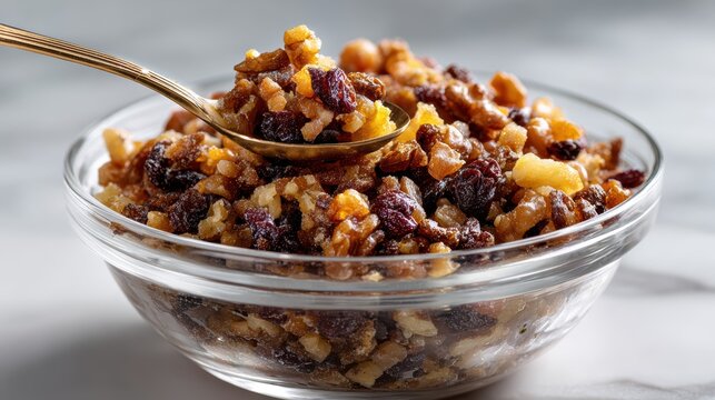 food photography, close-up shot of a glass bowl filled with colorful charoset, showcasing the textures of apples, walnuts, dates, raisins, and wine