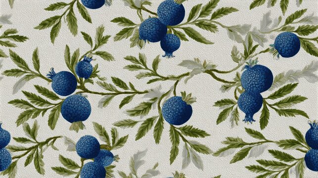 passover textile design, passover background pattern intertwining olive branches, pomegranates, and antique kiddush cups in rich blues, greens, and silver traditional european textile with jewish