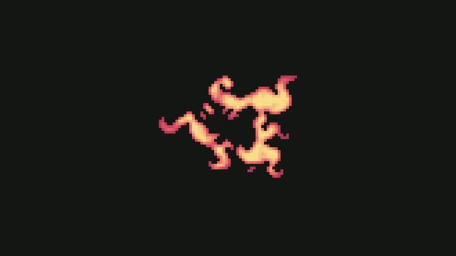 curly flame explosion effect in pixel art style with black screen background
