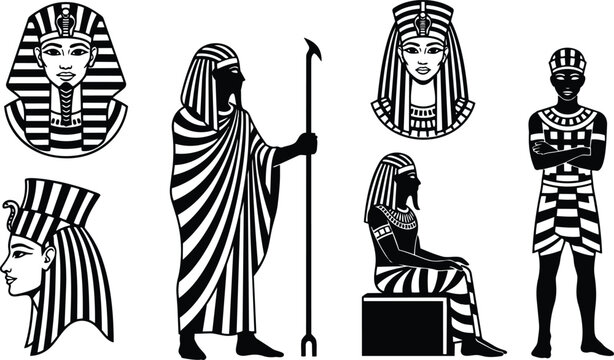 Vector art ancient egyptian pharaohs and priest silhouettes standing and seated figures with ceremonial staff and striped headdress frontal profile