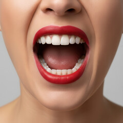 Fototapeta premium Close-up of a woman with red lipstick shouting, showcasing her open mouth and bright white teeth against a neutral gray background