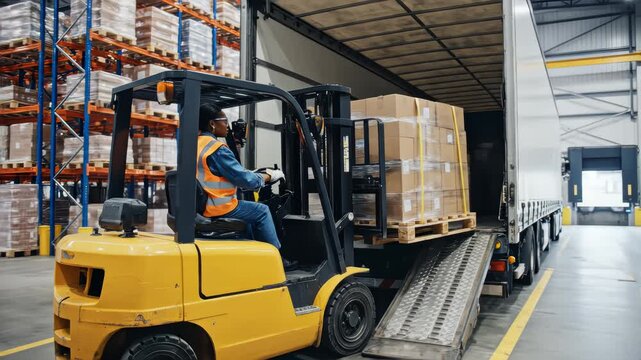 Forklift load boxes from dock into a truck. Logistics and cargo transportation.