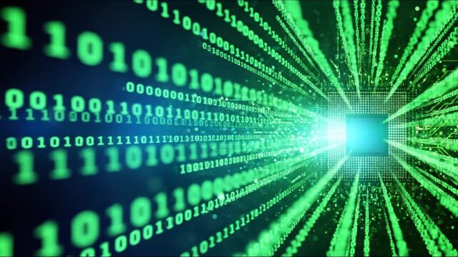 A digital rendering features binary code radiating toward a glowing central processor