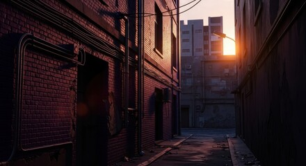 Fototapeta premium Dramatic urban alleyway at sunset with warm light illuminating brick buildings and cityscape backdrop.