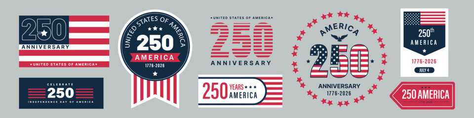 USA 250 years anniversary vector design set for 2026. Independence Day of America, Fourth of July patriotic typography for stickers, badges, banners and greeting posters. © Loya.art