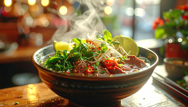 Steaming bowl of Pho with herbs and lime on a wooden table in a cozy restaurant setting (76)