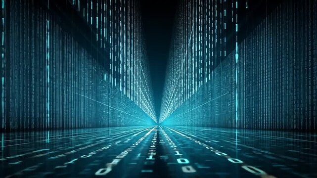 futuristic digital tunnel with blue light beams and binary code
