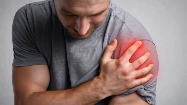 Man suffering from strong shoulder pain with red spot indication symbolizing inflammation and injury.