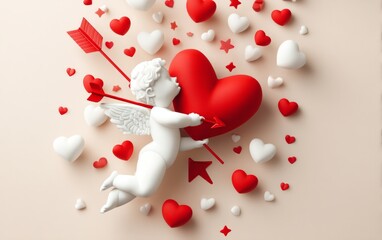 Naklejka premium Cupid with Arrow Piercing Heart Surrounded by Tiny Hearts and Stars