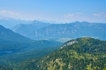 Fototapeta premium Scenic panorama of summer Alpine mountains in Upper Austria.