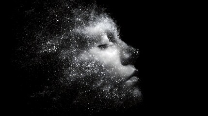 abstract human head dissolving into dust and glowing particles in black space, representing mental emptiness, surreal fine art, detailed particles, 
