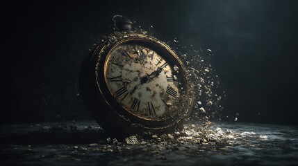 broken antique clock floating in zero gravity, dust illuminated by soft light, feeling of frozen time and solitude, fine art realism, poetic dark tone, 