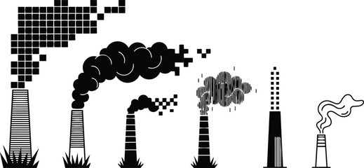 Flat design vector row of industrial smokestacks emitting pixelated smoke in silhouette showing pollution progression left to right graphic sequence
