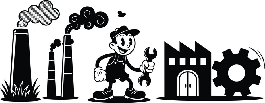 Vintage cartoon mechanic holding wrench smiling standing between smoking factory chimneys and gear in industrial scene low angle looking forward
