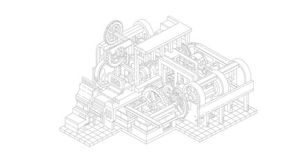 Obraz premium Detailed isometric line art drawing of complex industrial machinery.