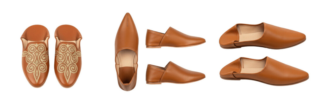 Moroccan Babouche البلغة المغربية Leather Slippers Isolated on White Background, Traditional Fez Footwear, Pointed Toe Moroccan Shoes, North African Ethnic Dress Accessory, Studio Cutout, No Shadow