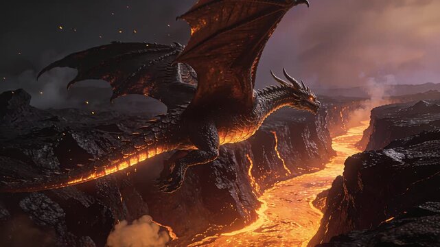 Spectacular scene of vigilant dragon over molten volcanic chasm