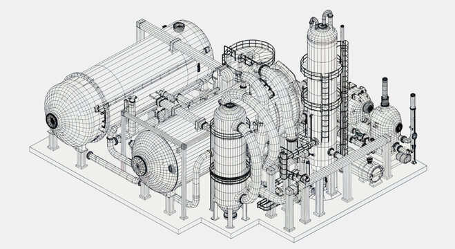 Detailed wireframe rendering of complex industrial machinery, showcasing intricate engineering design.