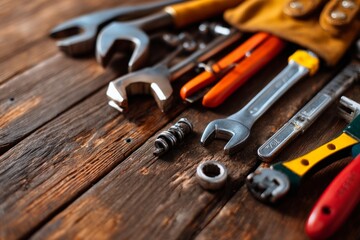 Vintage Tools Arranged on a Wooden Surface in a Unique Still Life Setting