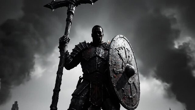 Imposing knights templar warrior in dark armor with shield and cross staff, standing against a dramatic, ominous sky, symbolizing ancient power and unwavering faith