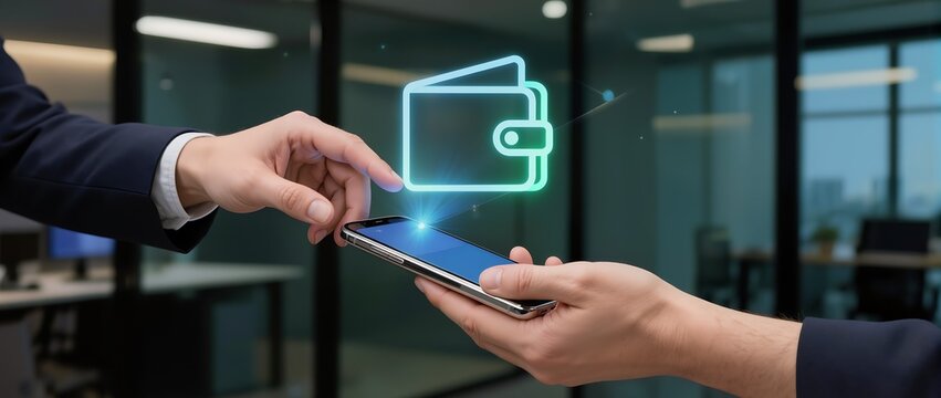 ホログラム財布が浮かぶスマートフォンと業務で使う手元の決済操作