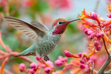 Fototapeta premium Male Anna hummingbird hovering in mid-air and feeding on bright orange nectar flowers. Detailed close-up of a colorful bird with iridescent plumage in a natural garden