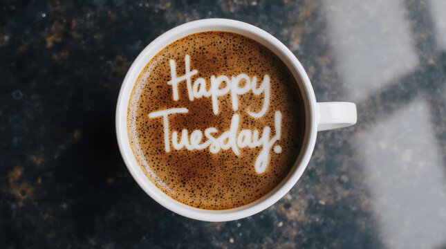 Happy tuesday coffee cup top view with latte art text