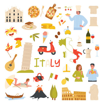 Italy culture and food stickers set. Italy text and people trying italian pasta and pizza, famous architecture and beach, map and flag, mask and gondola of Venice cartoon vector illustration