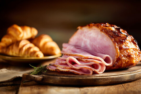 Juicy sliced honey glazed ham on a wooden cutting board with fresh croissants in the background. Concept of festive Christmas dinner, Easter holiday brunch, and delicious family meal