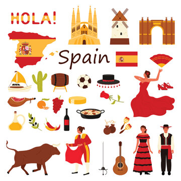 Travel to Spain set. National flag and map of country, Spain and Hola greeting text, matador and bull at bullfight, Flamenco dance and soccer ball, Sagrada Familia cartoon vector illustration