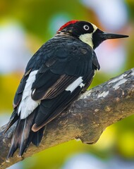 Fototapeta premium Acorn woodpecker perched on a tree branch in natural habitat with soft green background and detailed black and white plumage.