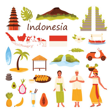 Travel to Indonesia set. Culture elements and islands symbols, Indonesian people in traditional ethnic costumes with basket of fruit, Gunung Batur and Candi bentar cartoon vector illustration