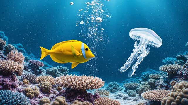 Vibrant yellow tang swims near translucent jellyfish amidst colorful coral reef